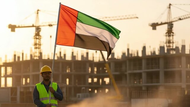 Patriotic male construction worker holding the United Arab Emirates flag at a building site with cranes in the background.