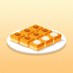Flat vector illustration of basbousa semolina cake with coconut, traditional Middle Eastern dessert

