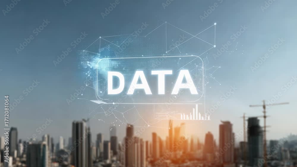 Poster illuminated data labels hover over a blurred cityscape, symbolizing the increasing importance of dat