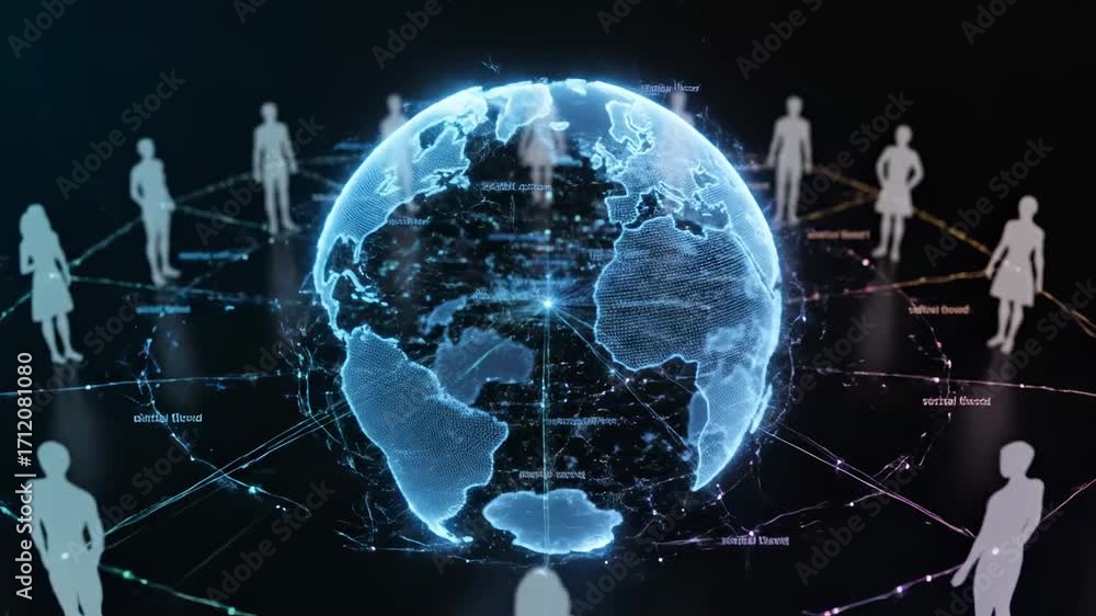 Poster global network connection - a digital globe is shown with glowing lines connecting to translucent fi