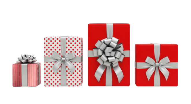 Isolated Group of Red Gifts with Silver Ribbons for Holidays Like Christmas or Valentine's