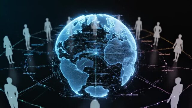 Global Network Connection - A digital globe is shown with glowing lines connecting to translucent figures, representing a global network and interconnectedness.