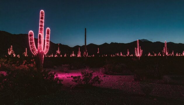 Neon Cactus Field A Desert Landscape Aglow with Electric Pink Light at Twilight