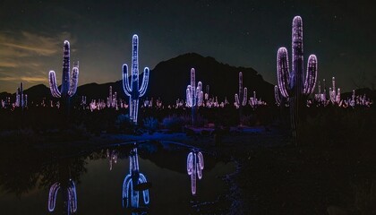 Surreal night landscape featuring glowing purple cacti and their shimmering reflections under a mountain silhouette