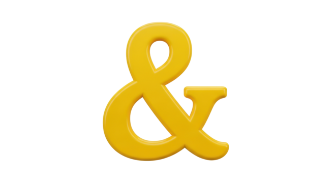 Isolated golden ampersand, symbol for 'and' or 'with', rendered for text and design purposes
