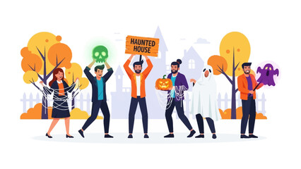 Halloween Gathering: A group of people joyfully come together, adorned in creative costumes, carrying themed props, set against a backdrop of autumn trees and spooky elements. © hafs121