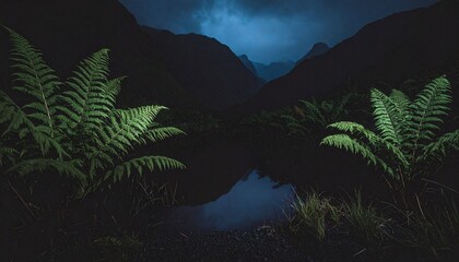 Mystical Night Ferns Reflecting in a Dark Lake under Mountains