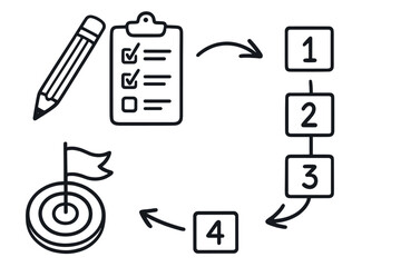 Action plan process with hand drawn elements. Infographic of business strategy with pencil, checklist, and target goal. Step by step roadmap to success concept vector.