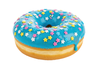 Isolated donut with blue glaze and colorful star sprinkles for dessert or treat, overhead shot