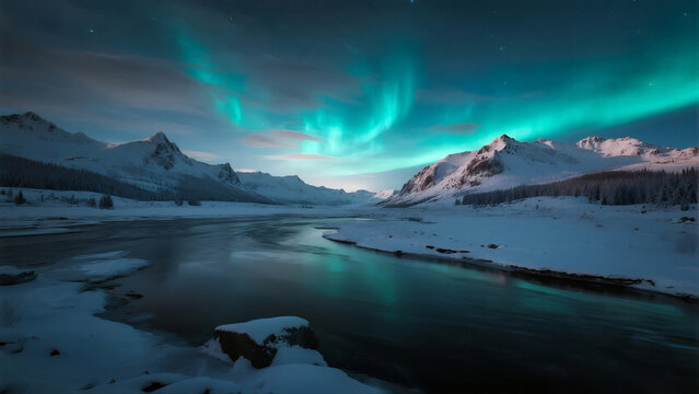 winter starry sky aurora snow mountain river