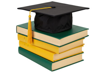 Isolated graduation cap on stack of books, signifying learning, knowledge, education, success.