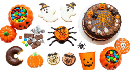 Isolated assortment of Halloween desserts including cookies, cake, doughnuts, and candy.
