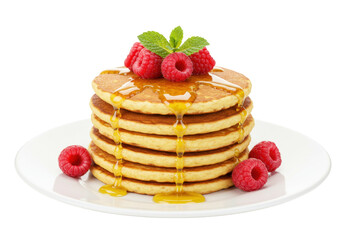 Isolated pancakes stack with raspberries and honey on a plate ready to eat for breakfast