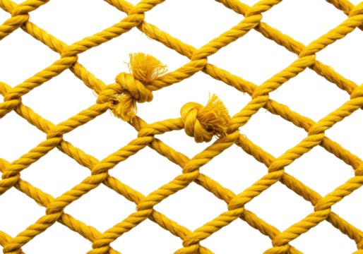 Isolated yellow rope net with knots, material made of thick fibers, close up view, full frame