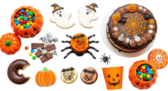 Isolated assortment of Halloween desserts including cookies, cake, doughnuts, and candy.