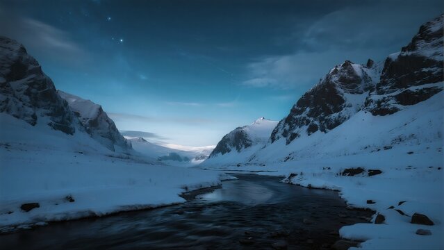 winter starry sky snow mountain river