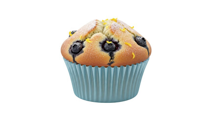 Isolated blueberry muffin with powdered sugar and lemon zest in paper liner against neutral