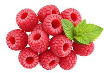 Isolated pile of ripe raspberries and fresh mint leaves, juicy and delicious fruit bunch