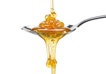 Isolated Honey Spoon with Drip, Liquid Sweet Syrup Food Ingredient, Dripping Delicious Treat