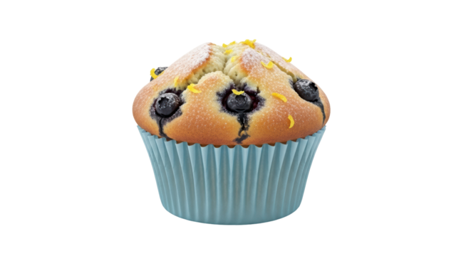 Isolated blueberry muffin with powdered sugar and lemon zest in paper liner against neutral