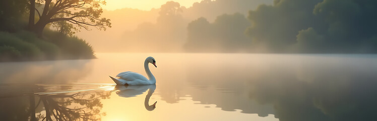 Obraz premium serene misty morning landscape unfolds majestic white swan gliding effortlessly across still surface tranquil