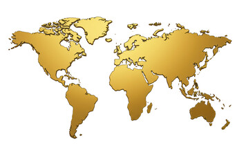 Isolated golden world map on transparent background, continents with geographic borders
