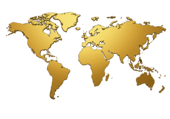 Isolated golden world map on transparent background, continents with geographic borders