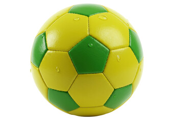 Isolated soccer ball featuring green and yellow pentagon and hexagon shapes, wet texture