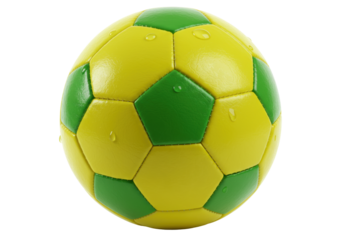 Isolated soccer ball featuring green and yellow pentagon and hexagon shapes, wet texture