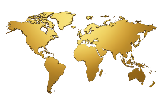 Isolated golden world map on transparent background, continents with geographic borders