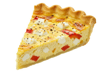 Isolated slice of quiche pie, savory custard tart with cheese and roasted peppers, studio shot