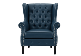 Isolated blue wingback chair with tufted back and studded arms with nailhead trim detail