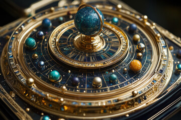 Obraz premium A gold and blue astrolabe on a black background.