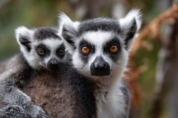 Obraz premium Close-up of ring-tailed lemur mother and baby