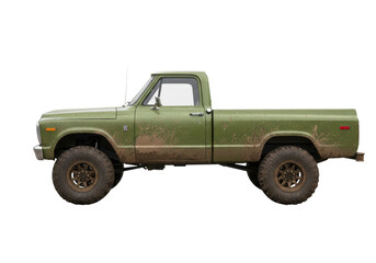Isolated olive-green old pickup truck with big tires, muddy body, ready for off-road adventures