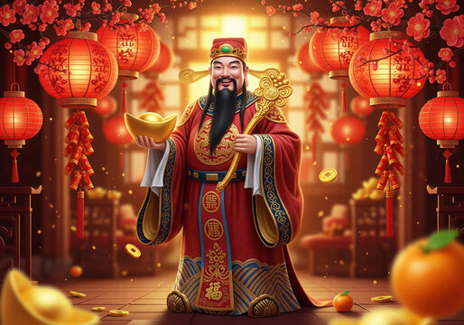 Chinese God of Wealth Illustration Cai Shen, Gold, Lanterns, Prosperity and New Year Celebration.