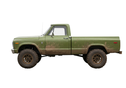 Isolated olive-green old pickup truck with big tires, muddy body, ready for off-road adventures
