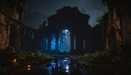 Mysterious Ruins An Enchanting Night Scene of an Ancient, Gothic Architectural Marvel