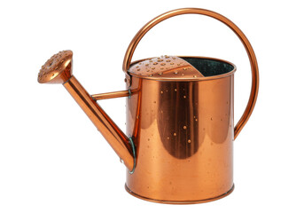 Isolated copper watering can with water droplets, a vintage container for watering plants