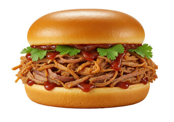 Isolated Delicious Pulled Pork Sandwich on a Bun Ready to Eat with a Few Fresh Cilantro Leaves