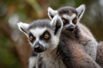 Obraz premium Close-up of a ring-tailed lemur mother carrying her baby