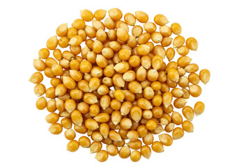 Isolated pile of dried yellow corn kernels ready for popping, viewed from directly above