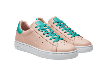 Isolated pastel pink leather sneakers with green accents fashionable footwear pair