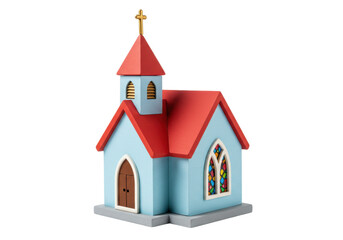 Isolated miniature colorful church building, model church for collecting and crafting hobby