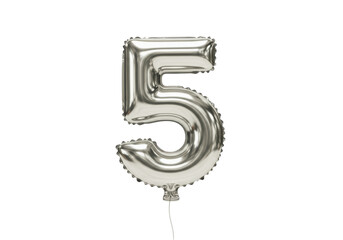 Isolated silver foil number 5 balloon for celebration, decoration and party needs