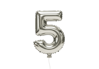 Isolated silver foil number 5 balloon for celebration, decoration and party needs