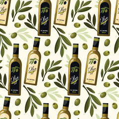 Glass of bottles with Olive Oil with Green Olives and Leaves on white background. Seamless pattern background. Italian and Greek cuisine element.
