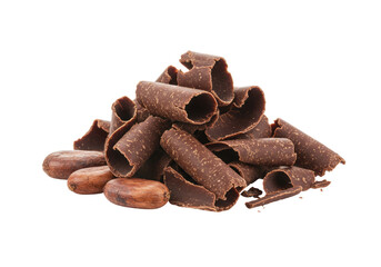 Isolated heap of chocolate curls with raw cocoa beans, rich confection and sweet treat