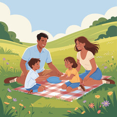 Family enjoying a picnic in a sunny meadow with flowers Keywords: family, picnic, meadow, sunny