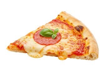 Isolated slice of pepperoni pizza with basil on top is a delicious treat to eat